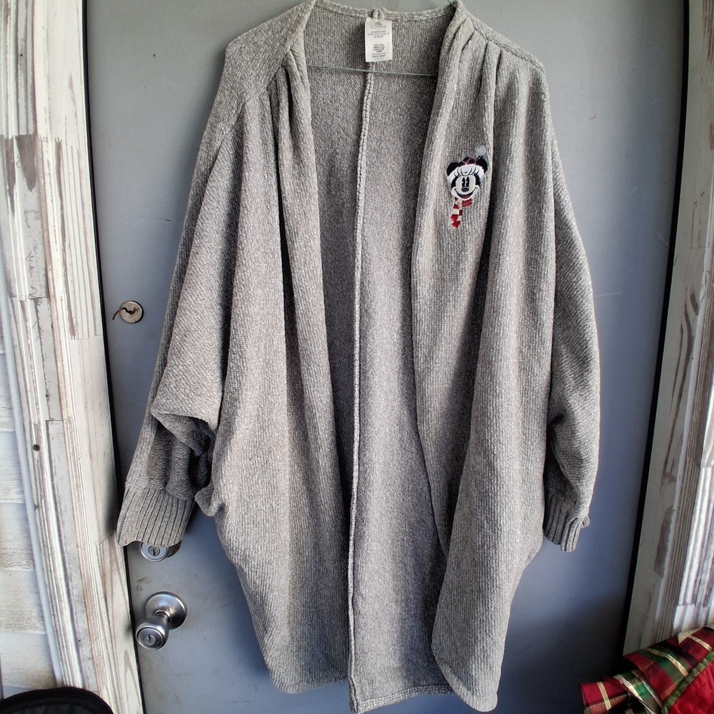 Disney Minnie Mouse Christmas Sweater Gray Chenille Metallic Long Cardigan M